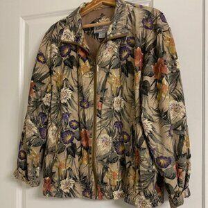 VITAL ZONE * 100% silk TAN TROPICAL FOLIAGE full-zip JACKET Blazer * sz L / X